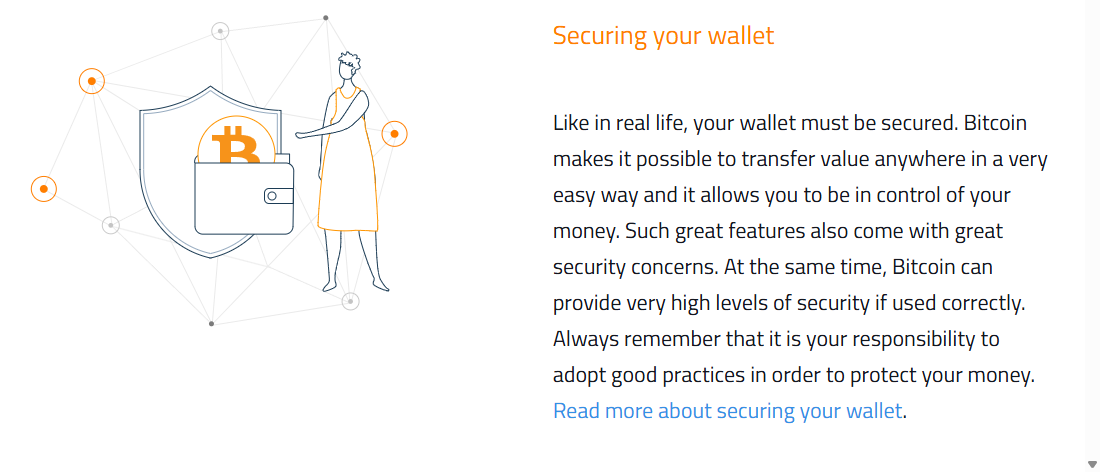 比特币官网 bitcoin.org 的「Securing your wallet」段落，写明保护自己的钱是你自己的责任