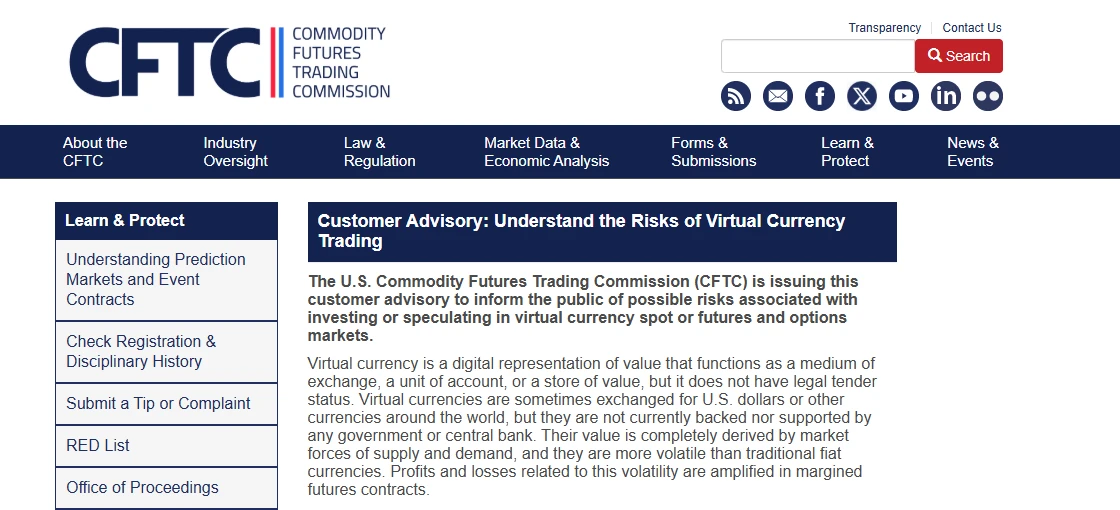 美国商品期货交易委员会 CFTC 网站上的虚拟货币交易风险提示页，标题下第二段最后一句写着波动造成的盈亏在保证金期货合约里会被放大