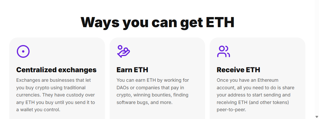 以太坊官网「怎么获得 ETH」页面里的中心化交易所卡片，写着交易所在你把币转到自己钱包之前一直保管着它