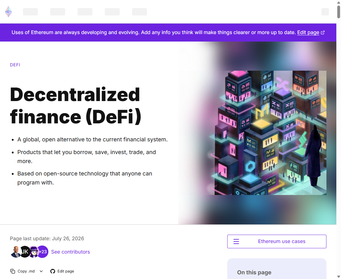 以太坊官网的 DeFi 页面，标题下用三条要点概括 DeFi