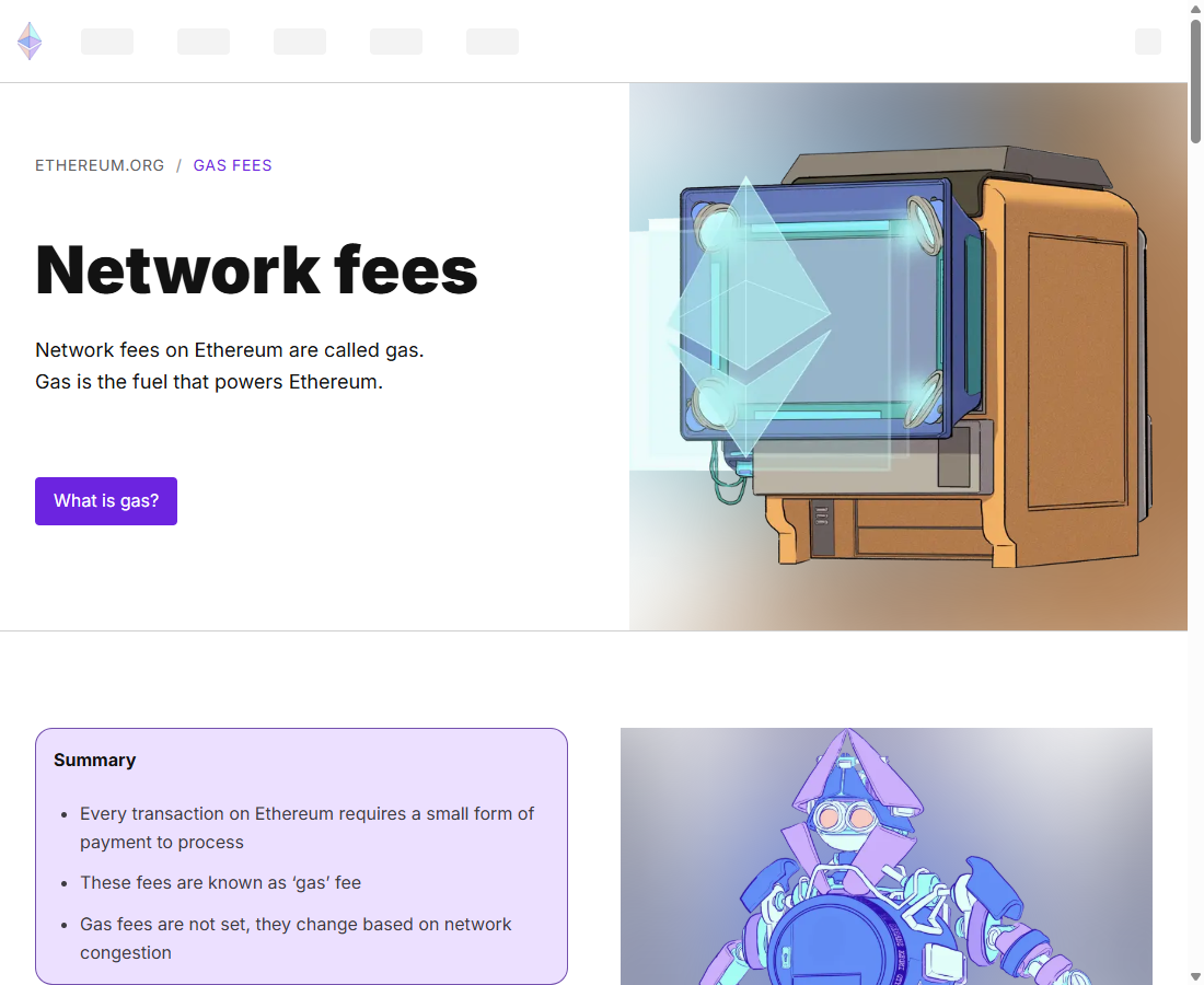 以太坊官网 ethereum.org 的 Gas 费说明页，页面摘要里写明 gas 费不是固定的，会随网络拥堵变化
