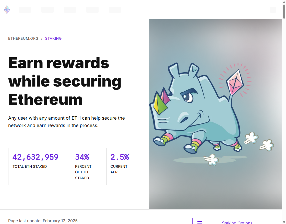 以太坊官网 ethereum.org 的质押说明页，顶部显示全网质押总量、质押占比与当前年化，下方列出不同的参与方式